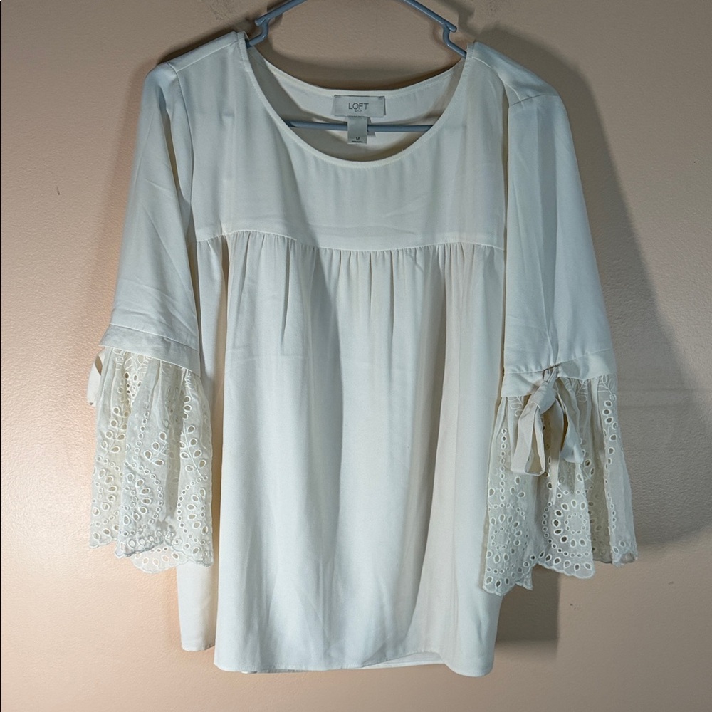 LOFT Cream Eyelet Bell-Sleeve Blouse with Sleeve Ties
